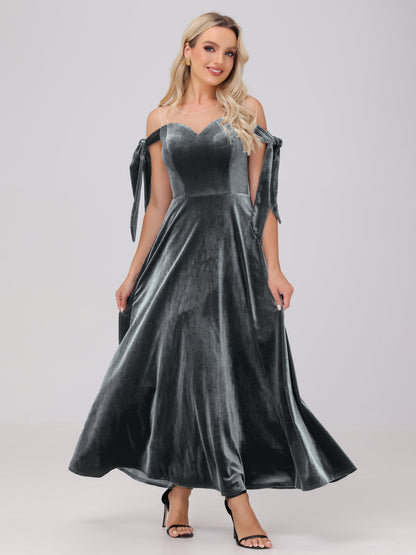Sheer Neck Sweetheart Ankle Length Velvet Bridesmaid Dresses