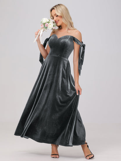 Sheer Neck Sweetheart Ankle Length Velvet Bridesmaid Dresses