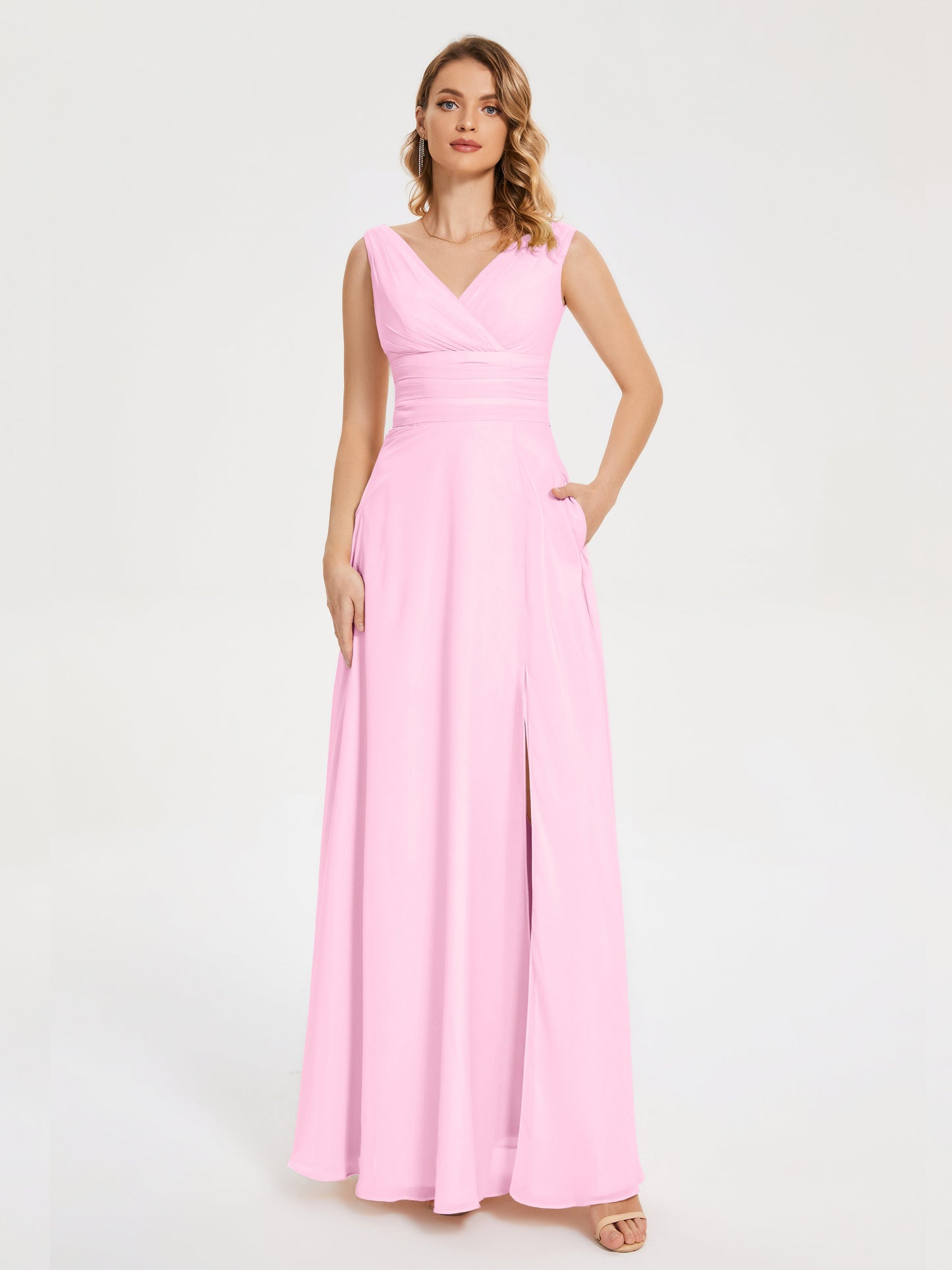 Lucille Simple V-neck Bridesmaid Dress with Pockets