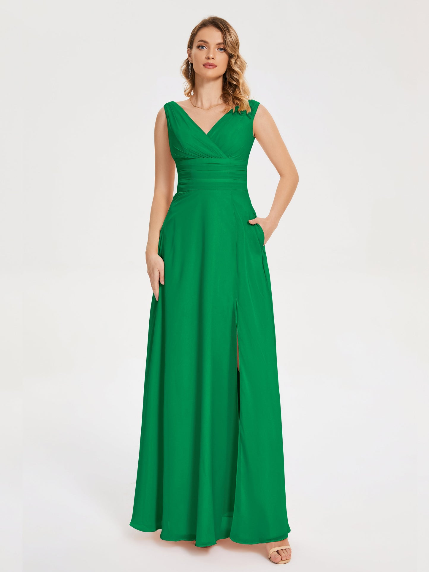 Lucille Simple V-neck Bridesmaid Dress with Pockets