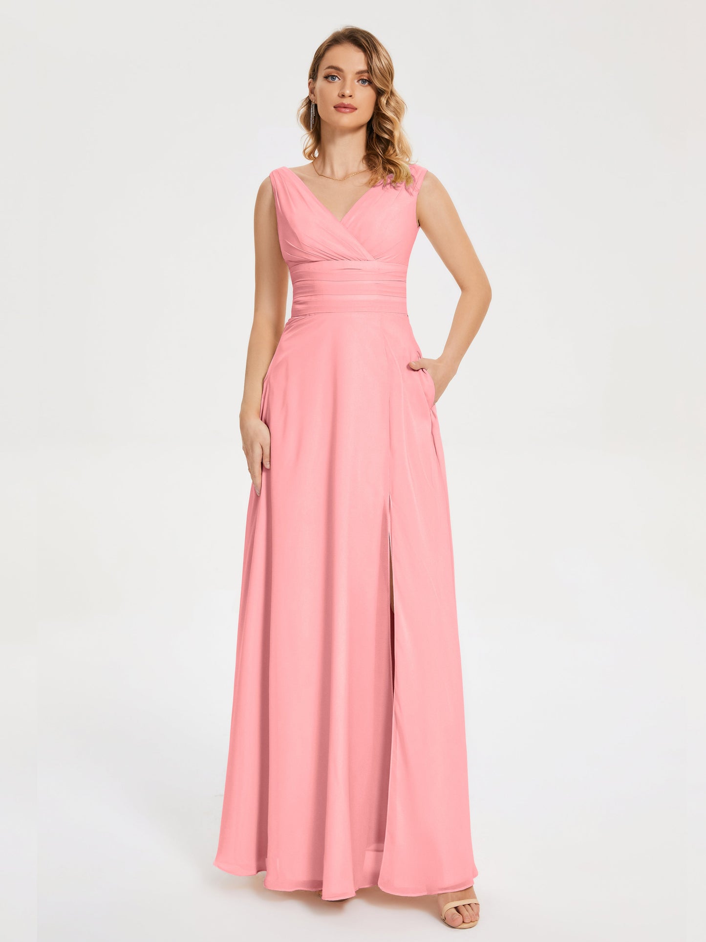 Lucille Simple V-neck Bridesmaid Dress with Pockets