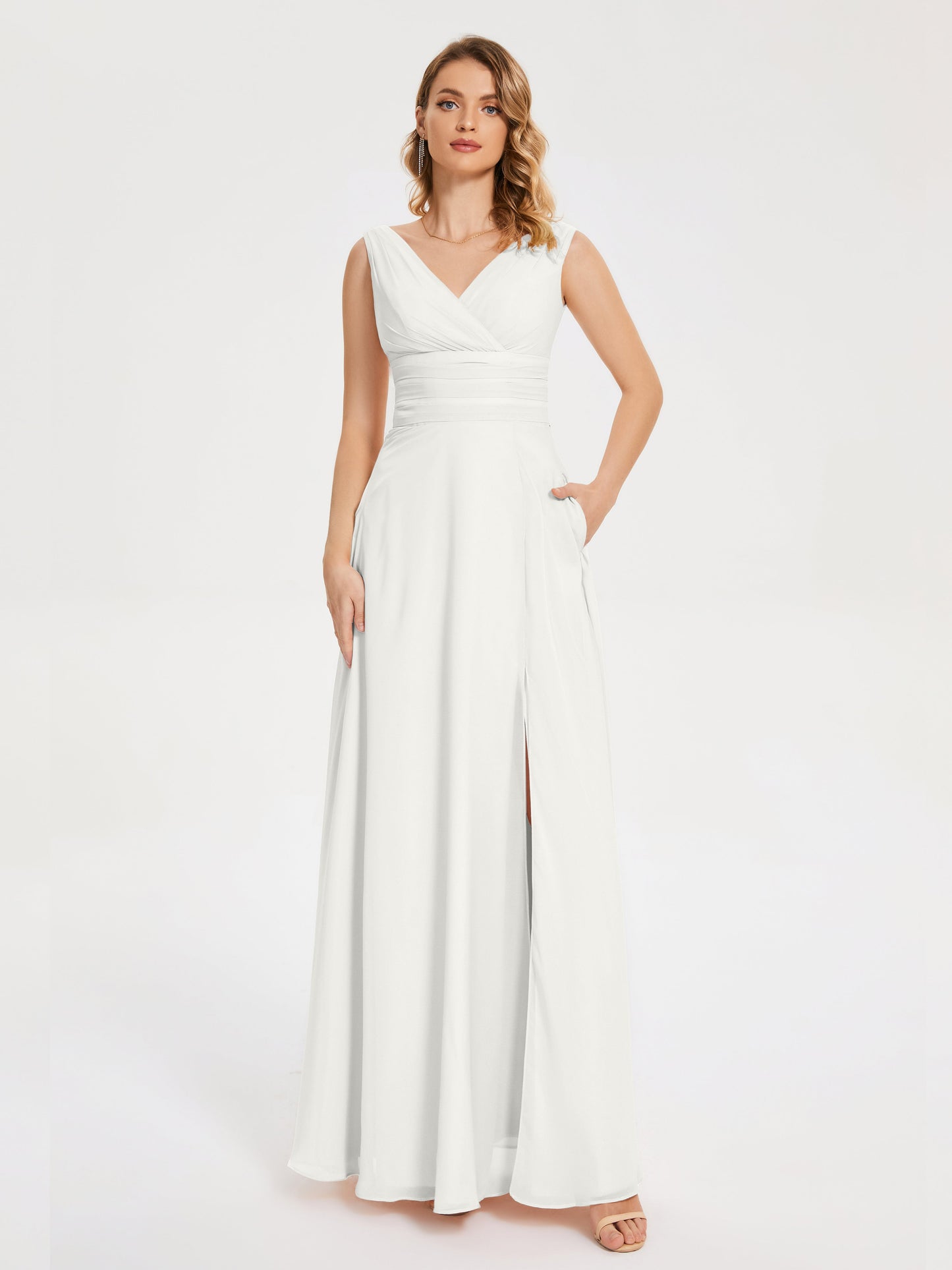 Lucille Simple V-neck Bridesmaid Dress with Pockets
