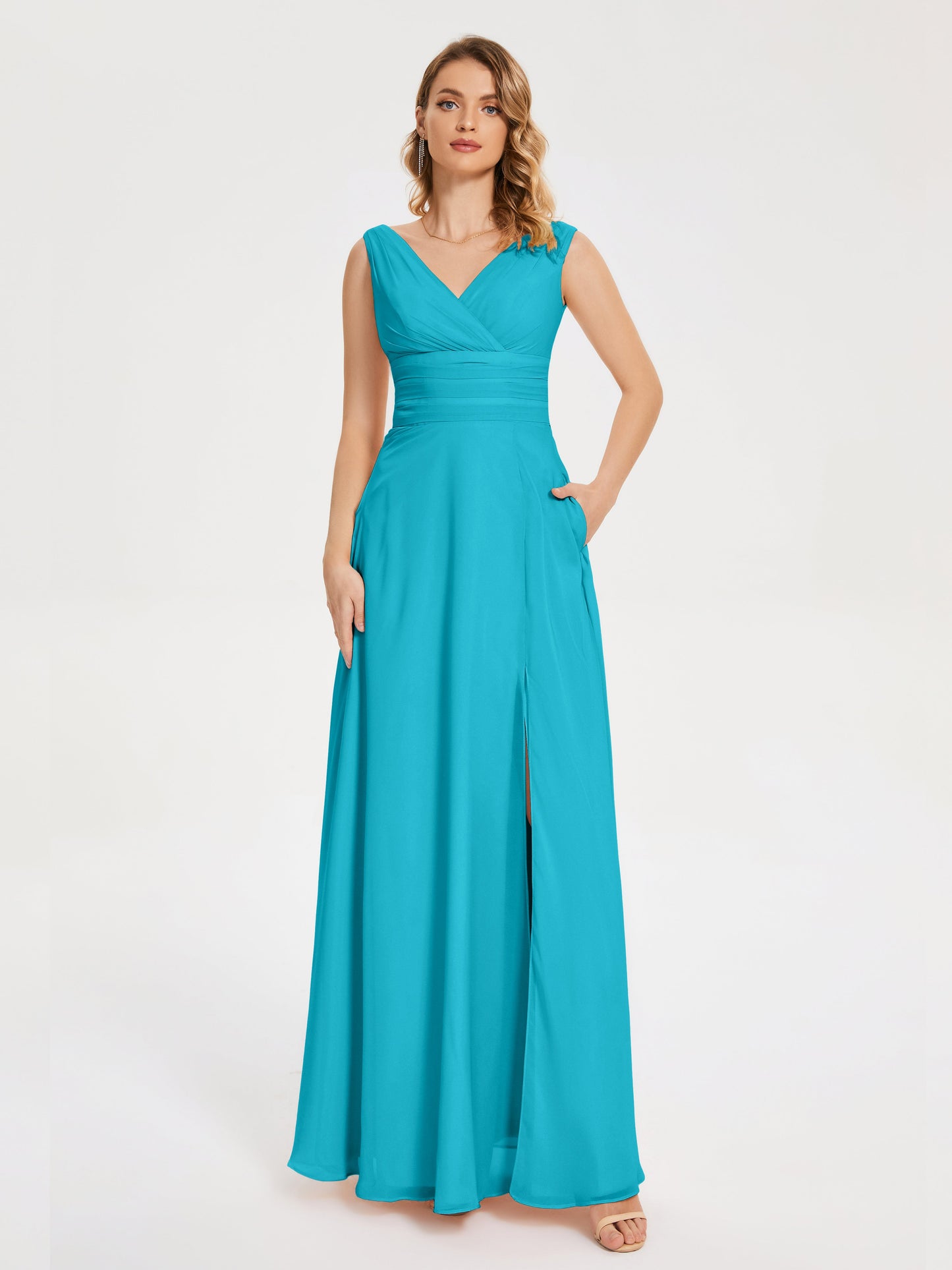 Lucille Simple V-neck Bridesmaid Dress with Pockets