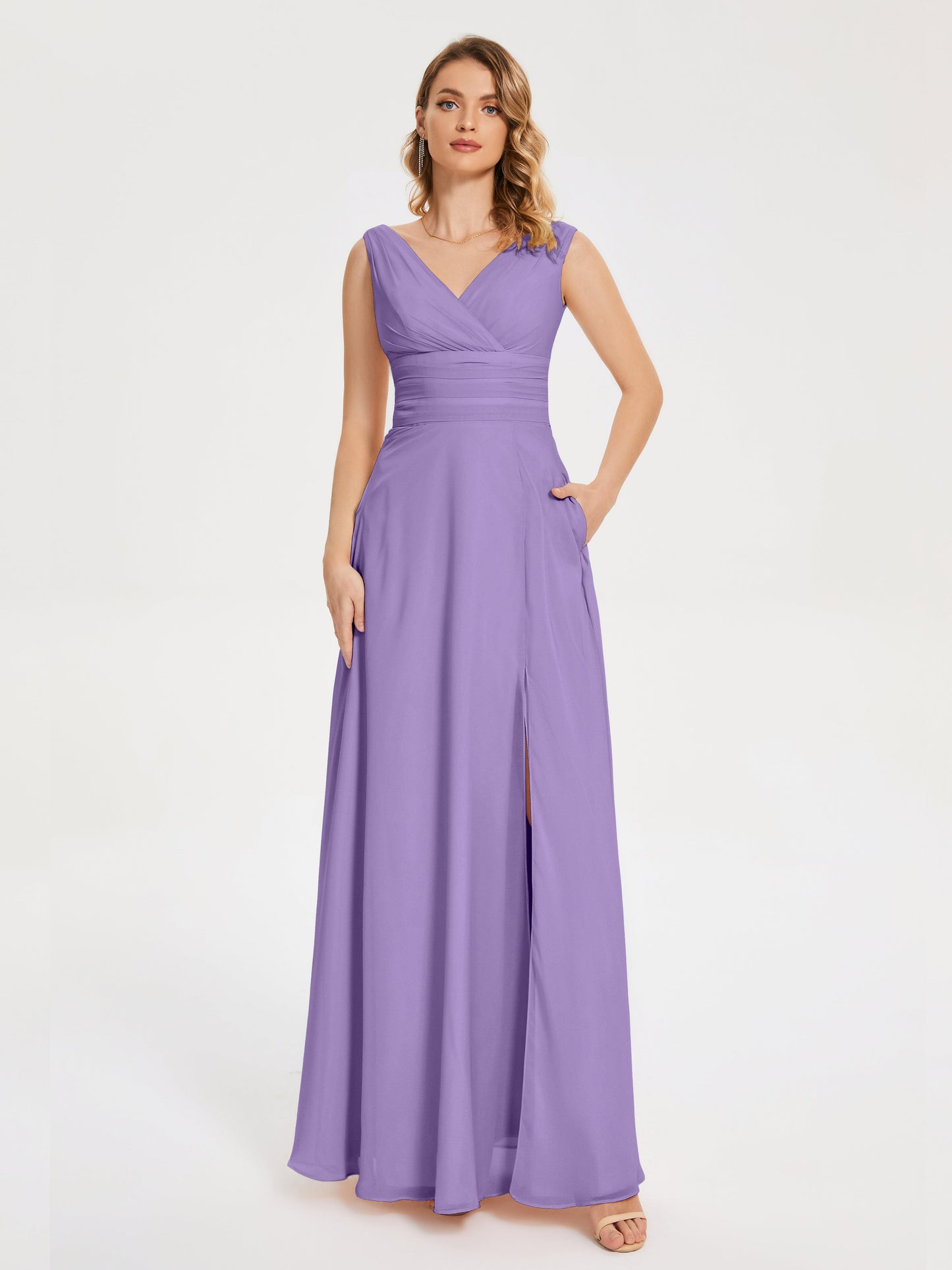 Lucille Simple V-neck Bridesmaid Dress with Pockets