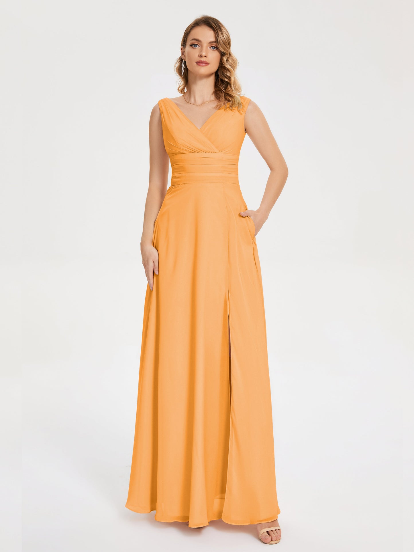 Lucille Simple V-neck Bridesmaid Dress with Pockets