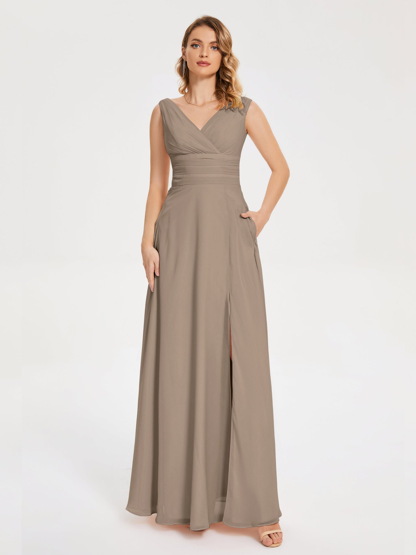 Lucille Simple V-neck Bridesmaid Dress with Pockets