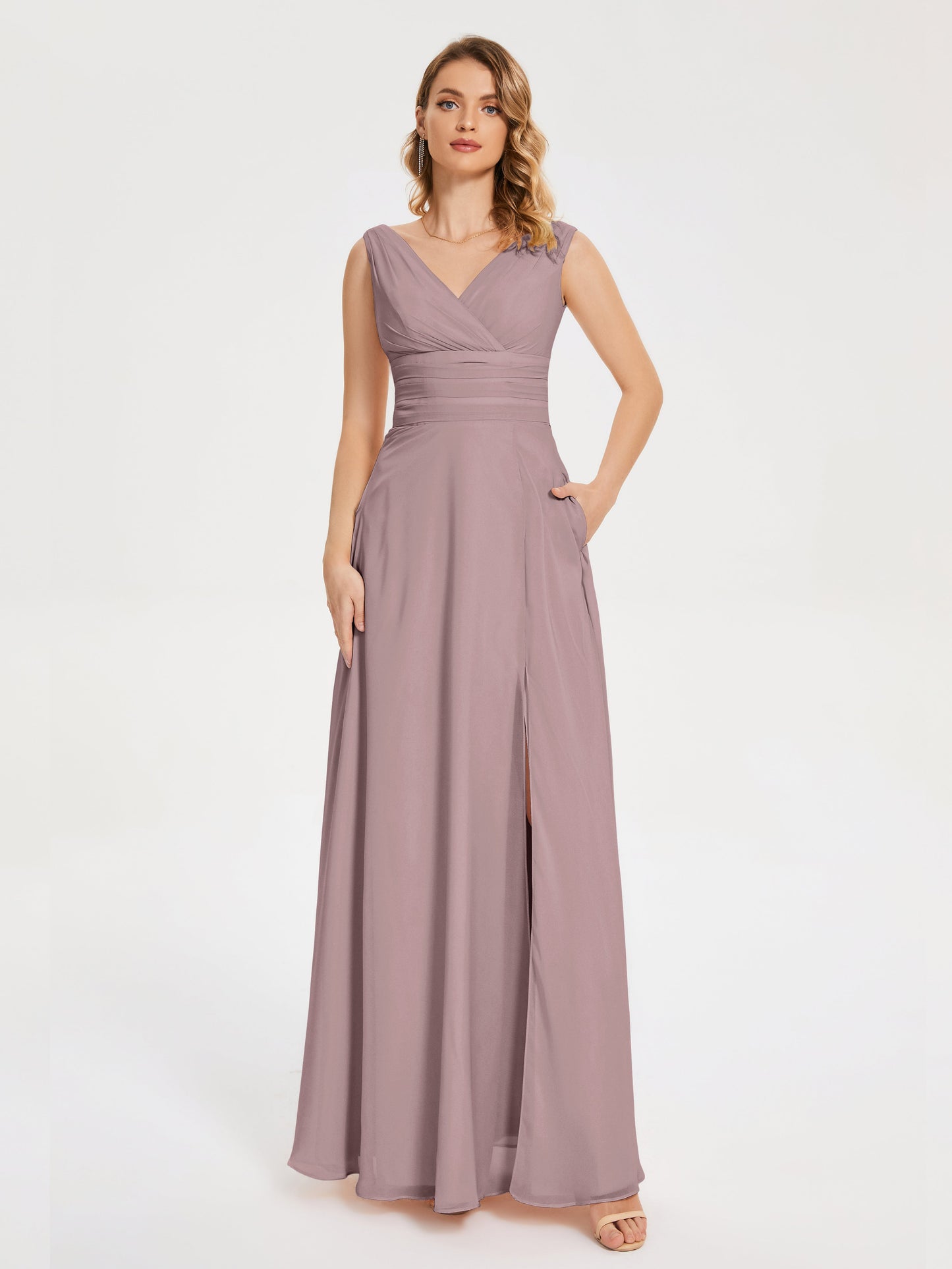 Lucille Simple V-neck Bridesmaid Dress with Pockets