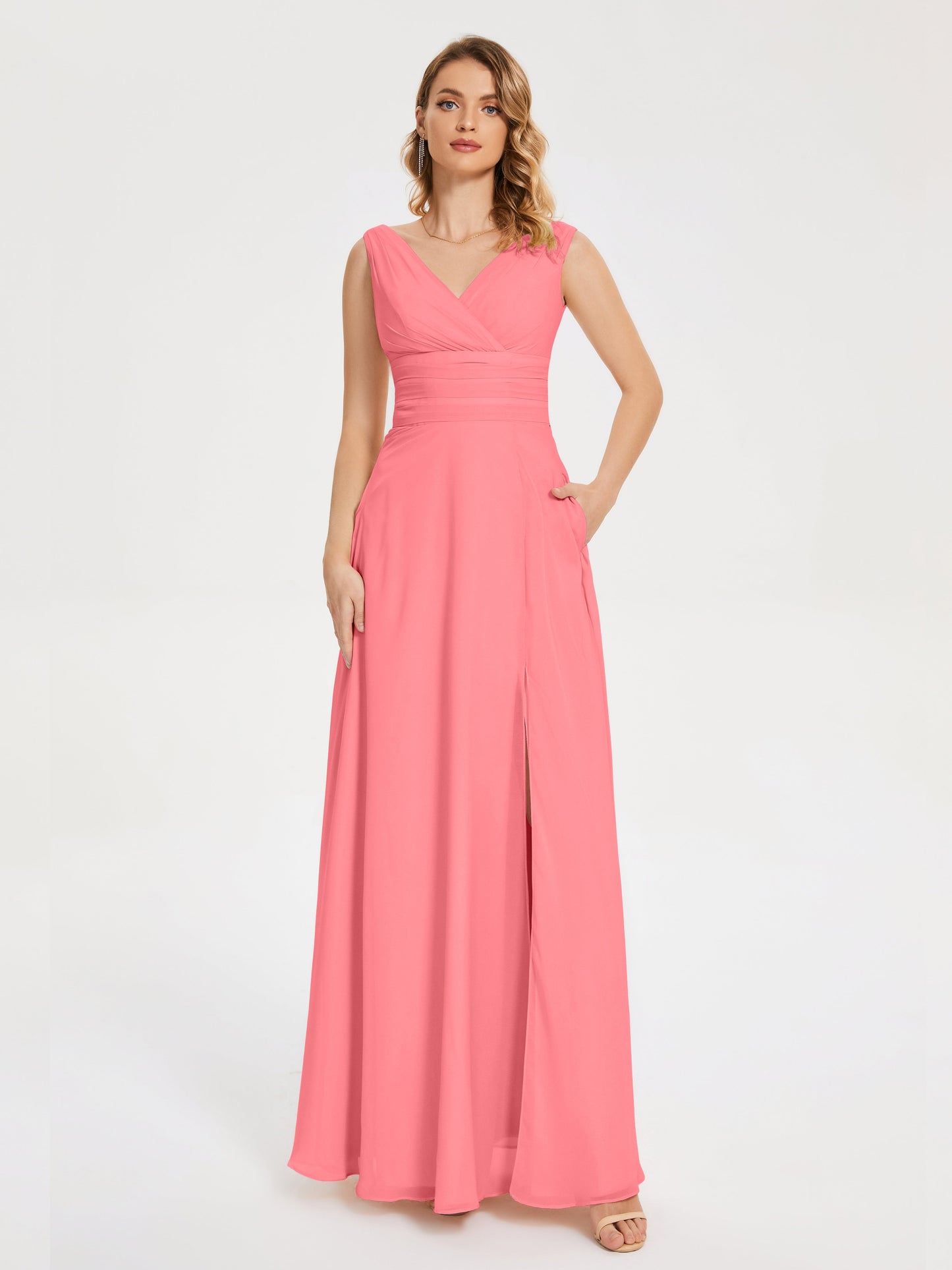 Lucille Simple V-neck Bridesmaid Dress with Pockets