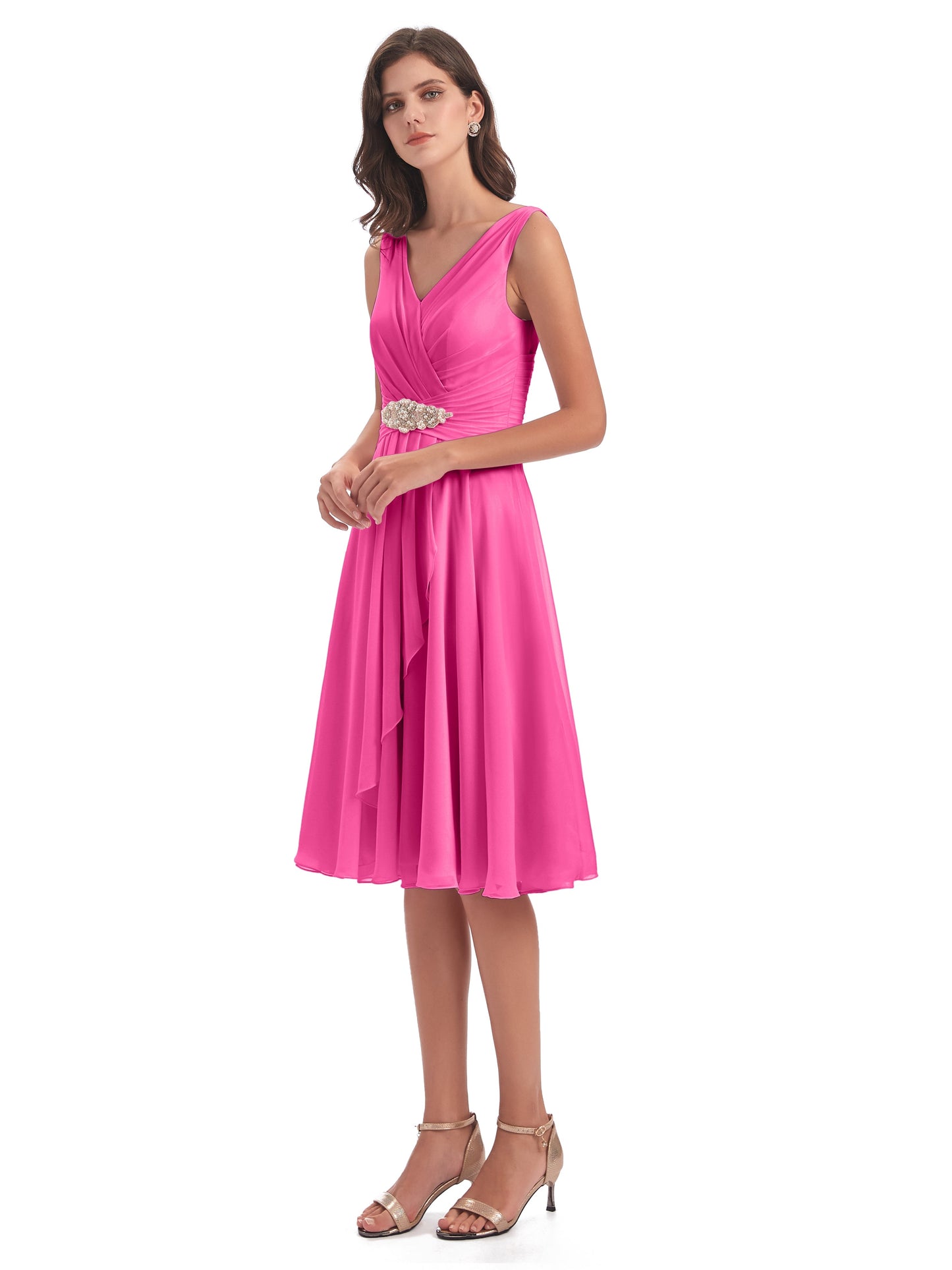 Caylee Knee Length V-neck Asymmetrical Chiffon Bridesmaid Dresses