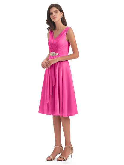 Caylee Knee Length V-neck Asymmetrical Chiffon Bridesmaid Dresses