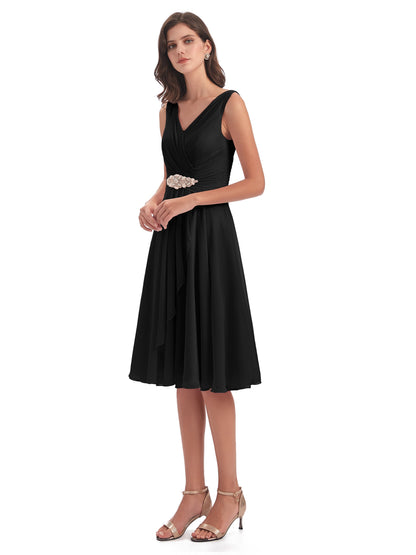 Caylee Knee Length V-neck Asymmetrical Chiffon Bridesmaid Dresses