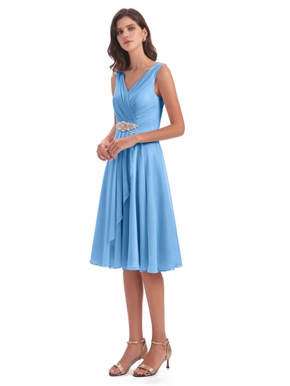 Caylee Knee Length V-neck Asymmetrical Chiffon Bridesmaid Dresses