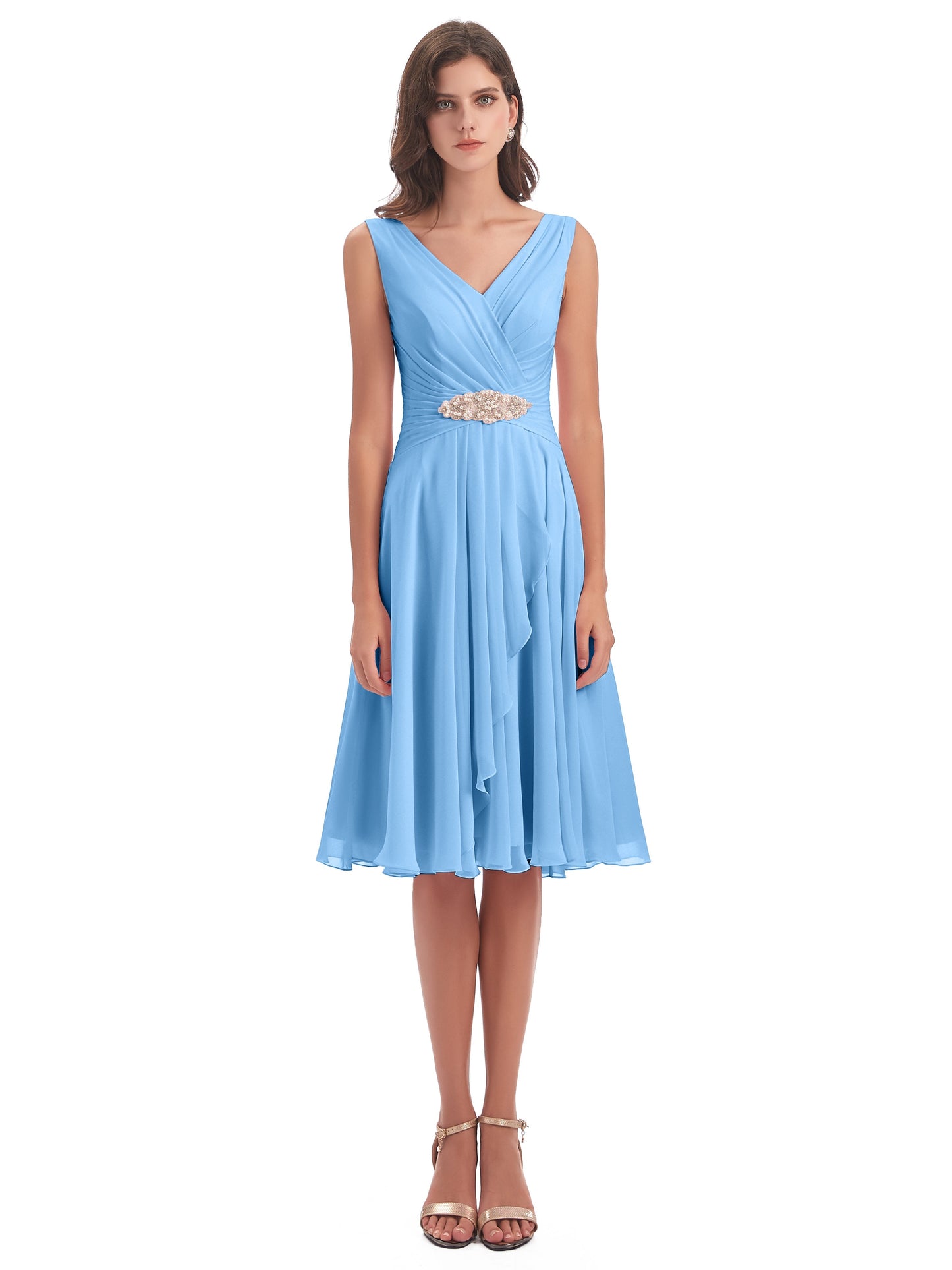 Caylee Knee Length V-neck Asymmetrical Chiffon Bridesmaid Dresses