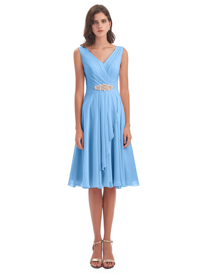Caylee Knee Length V-neck Asymmetrical Chiffon Bridesmaid Dresses