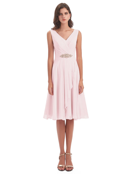 Caylee Knee Length V-neck Asymmetrical Chiffon Bridesmaid Dresses
