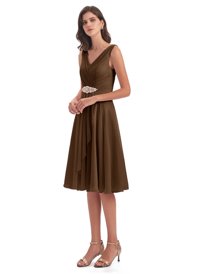Caylee Knee Length V-neck Asymmetrical Chiffon Bridesmaid Dresses