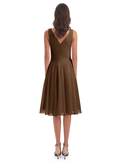 Caylee Knee Length V-neck Asymmetrical Chiffon Bridesmaid Dresses