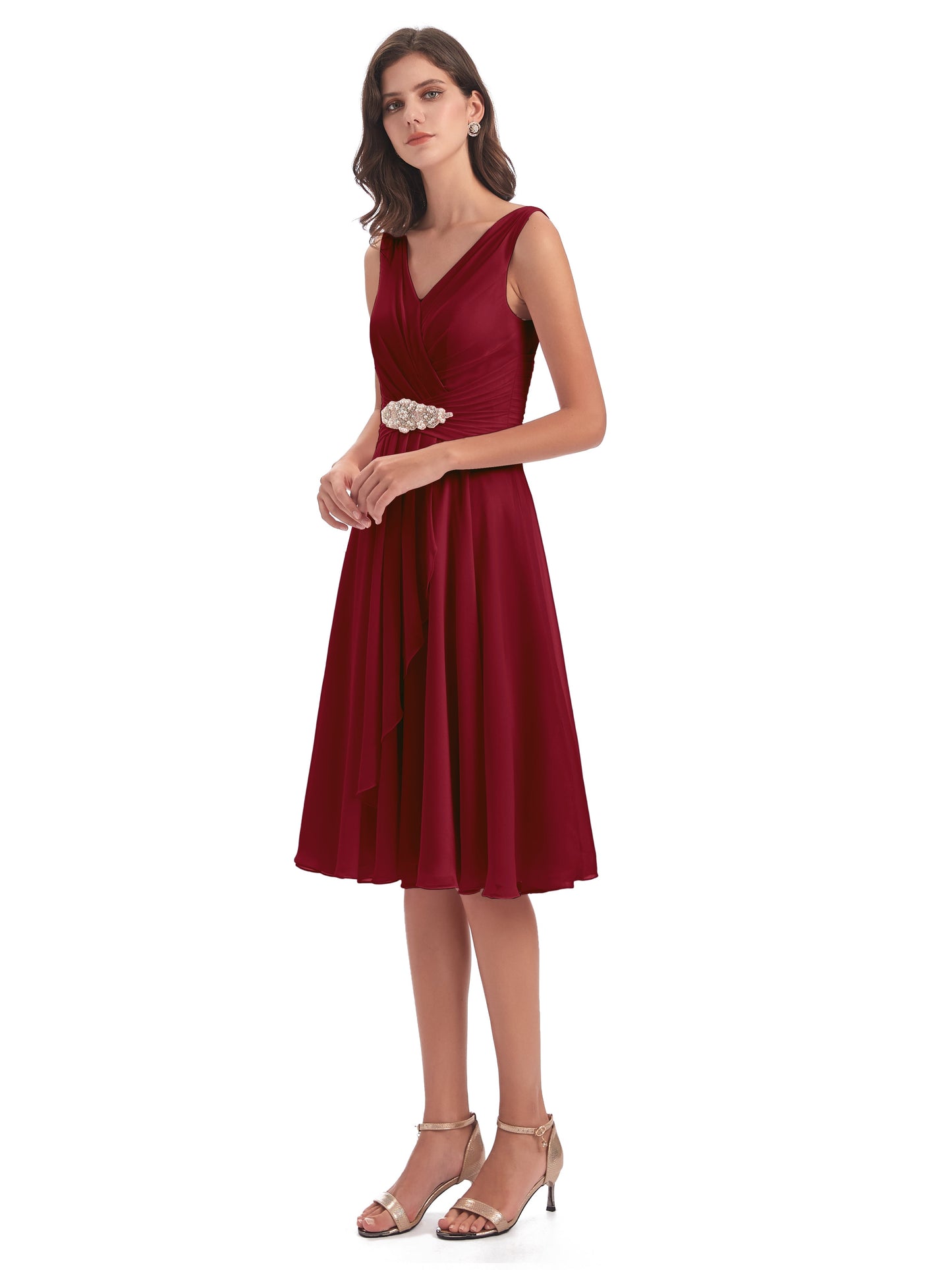 Caylee Knee Length V-neck Asymmetrical Chiffon Bridesmaid Dresses