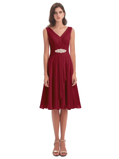 Caylee Knee Length V-neck Asymmetrical Chiffon Bridesmaid Dresses