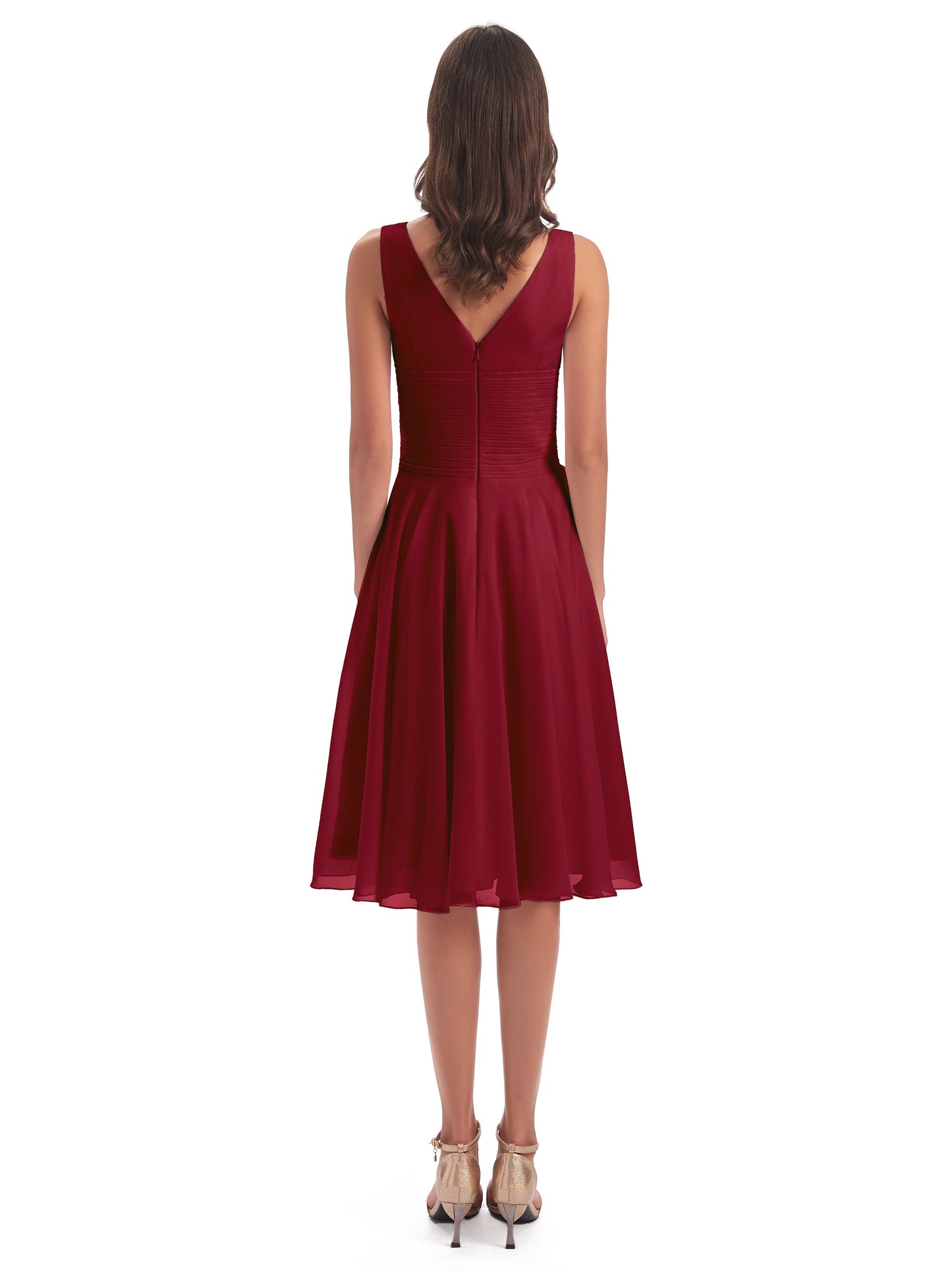 Caylee Knee Length V-neck Asymmetrical Chiffon Bridesmaid Dresses