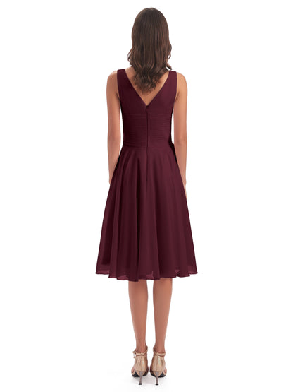 Caylee Knee Length V-neck Asymmetrical Chiffon Bridesmaid Dresses