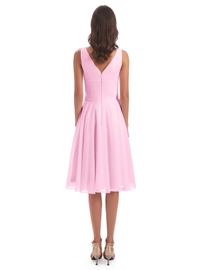 Caylee Knee Length V-neck Asymmetrical Chiffon Bridesmaid Dresses