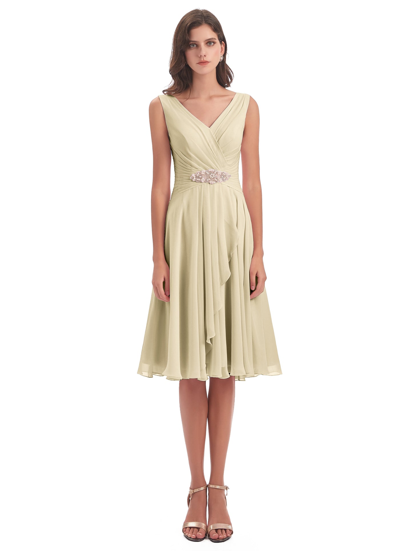 Caylee Knee Length V-neck Asymmetrical Chiffon Bridesmaid Dresses