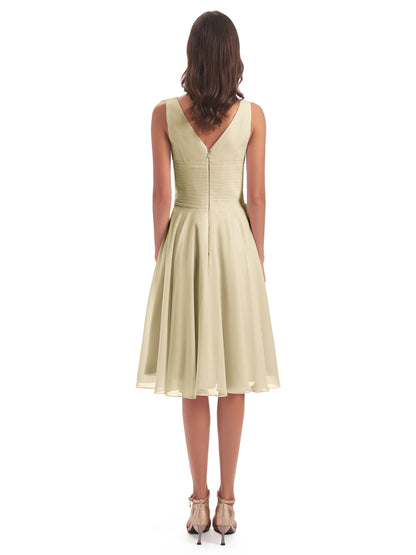 Caylee Knee Length V-neck Asymmetrical Chiffon Bridesmaid Dresses