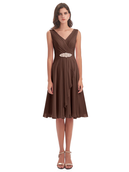 Caylee Knee Length V-neck Asymmetrical Chiffon Bridesmaid Dresses