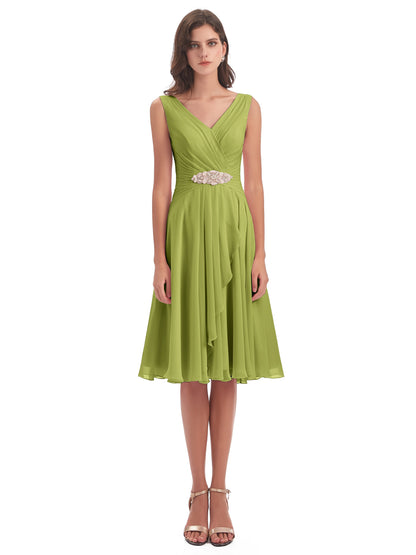 Caylee Knee Length V-neck Asymmetrical Chiffon Bridesmaid Dresses