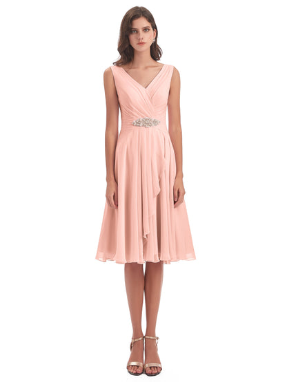 Caylee Knee Length V-neck Asymmetrical Chiffon Bridesmaid Dresses