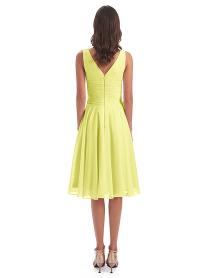 Caylee Knee Length V-neck Asymmetrical Chiffon Bridesmaid Dresses