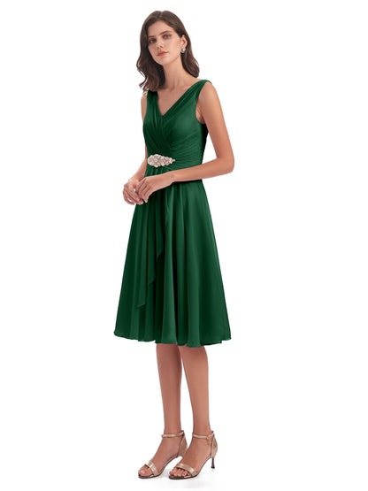 Caylee Knee Length V-neck Asymmetrical Chiffon Bridesmaid Dresses