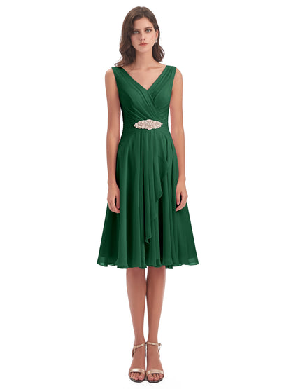 Caylee Knee Length V-neck Asymmetrical Chiffon Bridesmaid Dresses