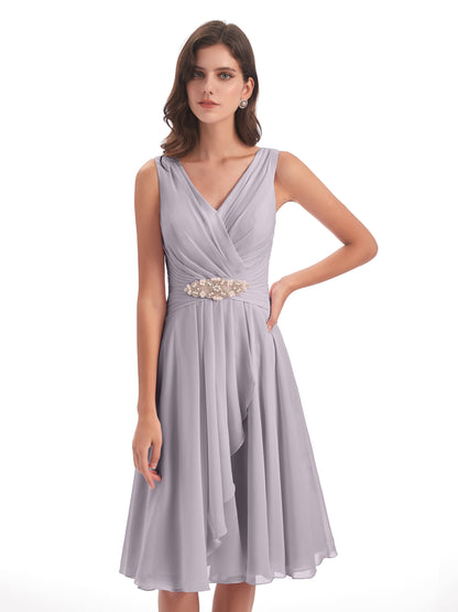 Caylee Knee Length V-neck Asymmetrical Chiffon Bridesmaid Dresses