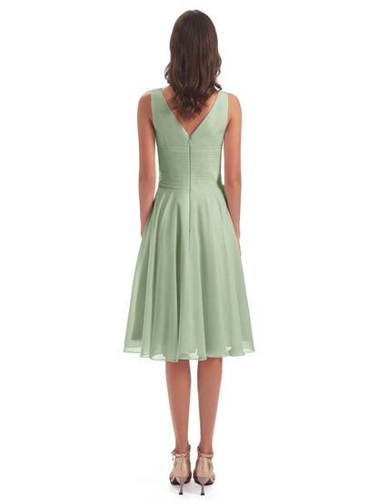 Caylee Knee Length V-neck Asymmetrical Chiffon Bridesmaid Dresses