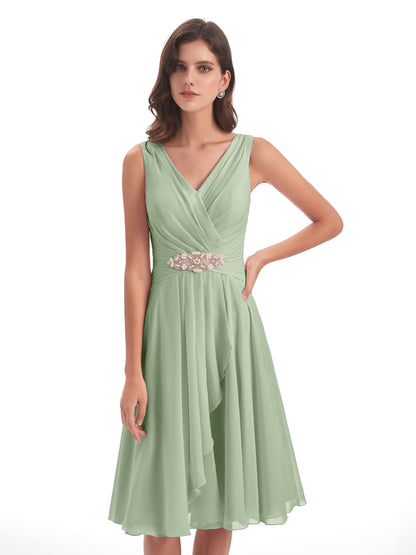 Caylee Knee Length V-neck Asymmetrical Chiffon Bridesmaid Dresses