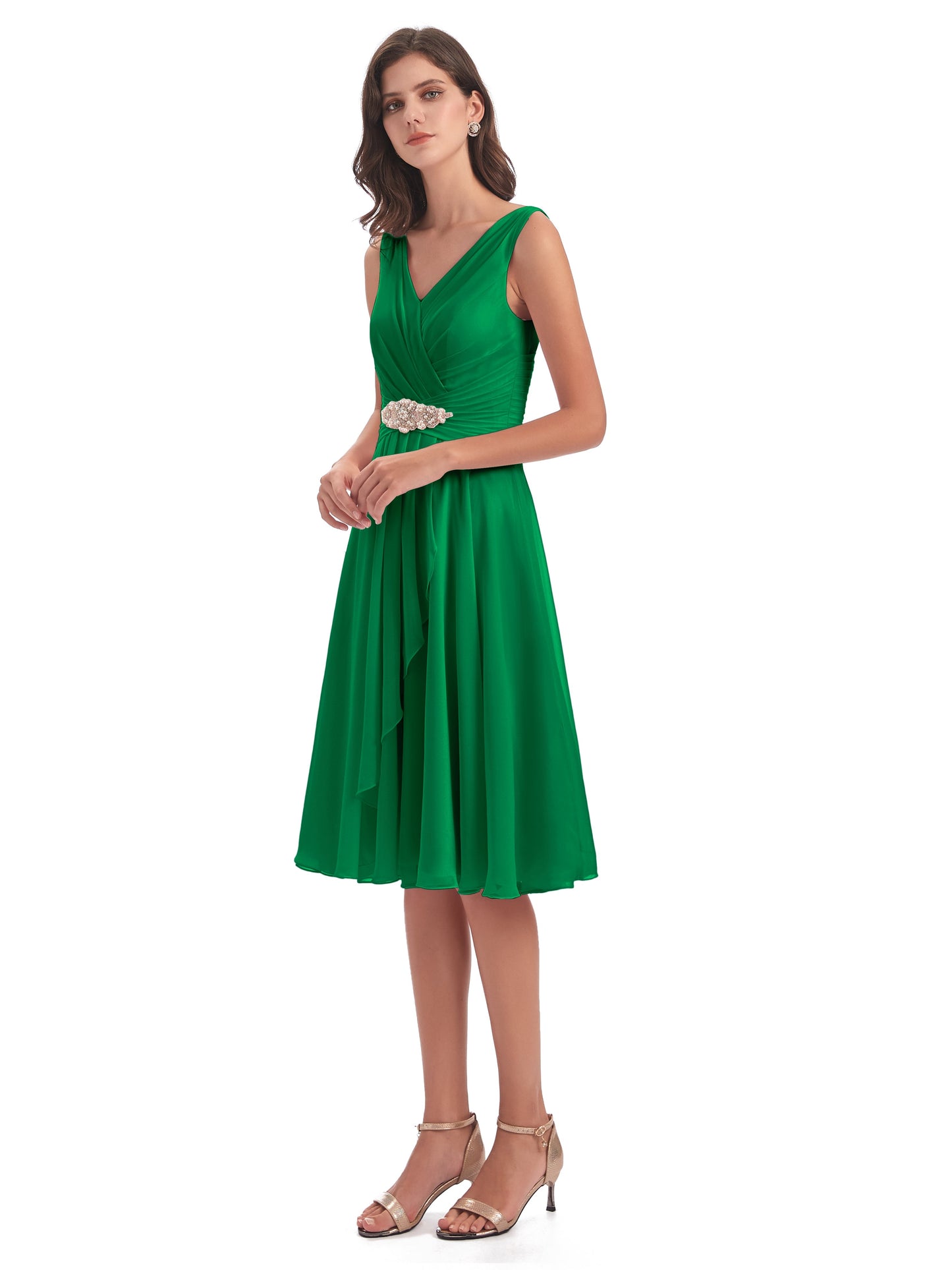 Caylee Knee Length V-neck Asymmetrical Chiffon Bridesmaid Dresses