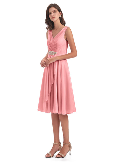 Caylee Knee Length V-neck Asymmetrical Chiffon Bridesmaid Dresses
