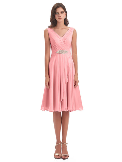 Caylee Knee Length V-neck Asymmetrical Chiffon Bridesmaid Dresses