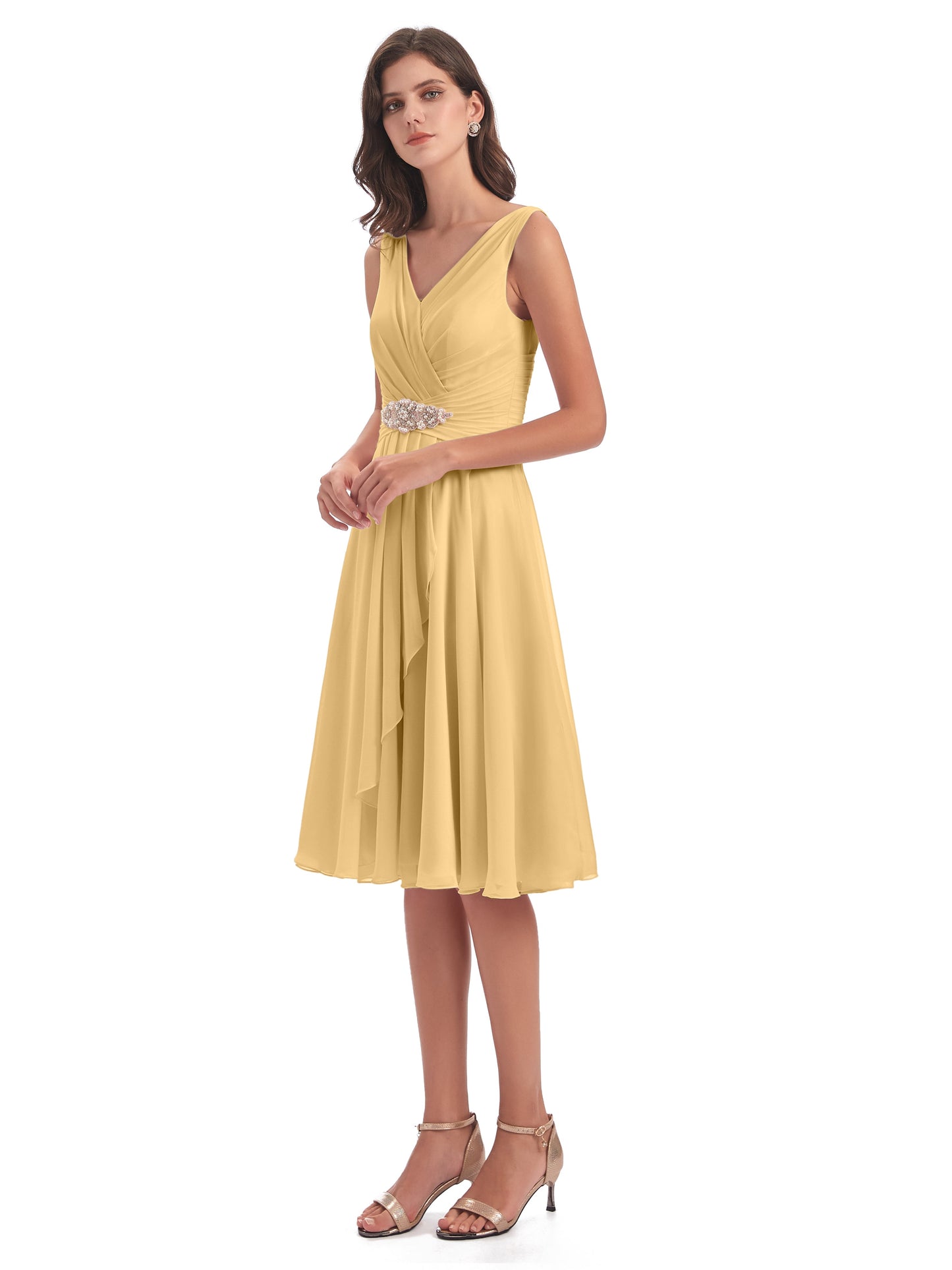 Caylee Knee Length V-neck Asymmetrical Chiffon Bridesmaid Dresses