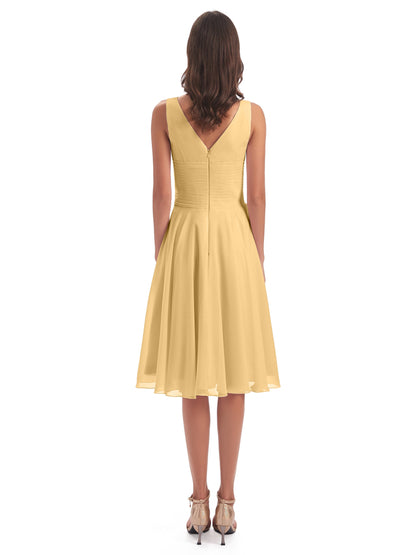 Caylee Knee Length V-neck Asymmetrical Chiffon Bridesmaid Dresses