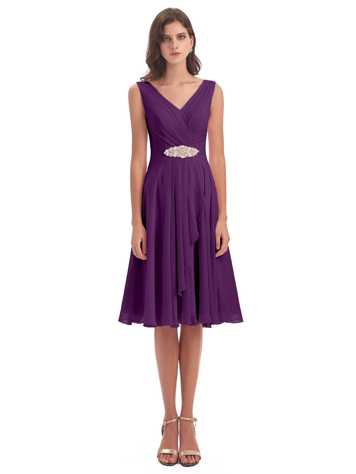 Caylee Knee Length V-neck Asymmetrical Chiffon Bridesmaid Dresses