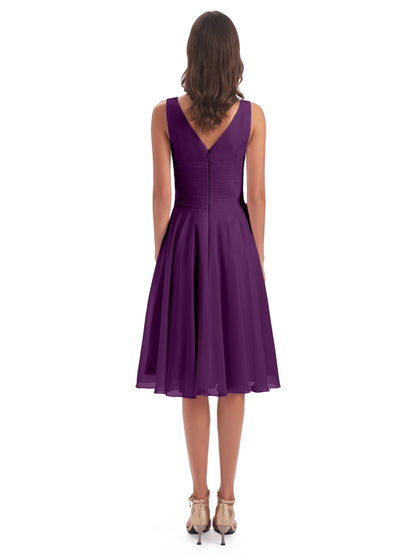 Caylee Knee Length V-neck Asymmetrical Chiffon Bridesmaid Dresses