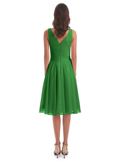 Caylee Knee Length V-neck Asymmetrical Chiffon Bridesmaid Dresses