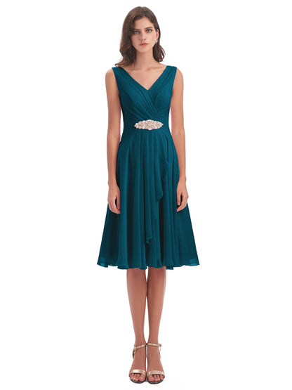 Caylee Knee Length V-neck Asymmetrical Chiffon Bridesmaid Dresses