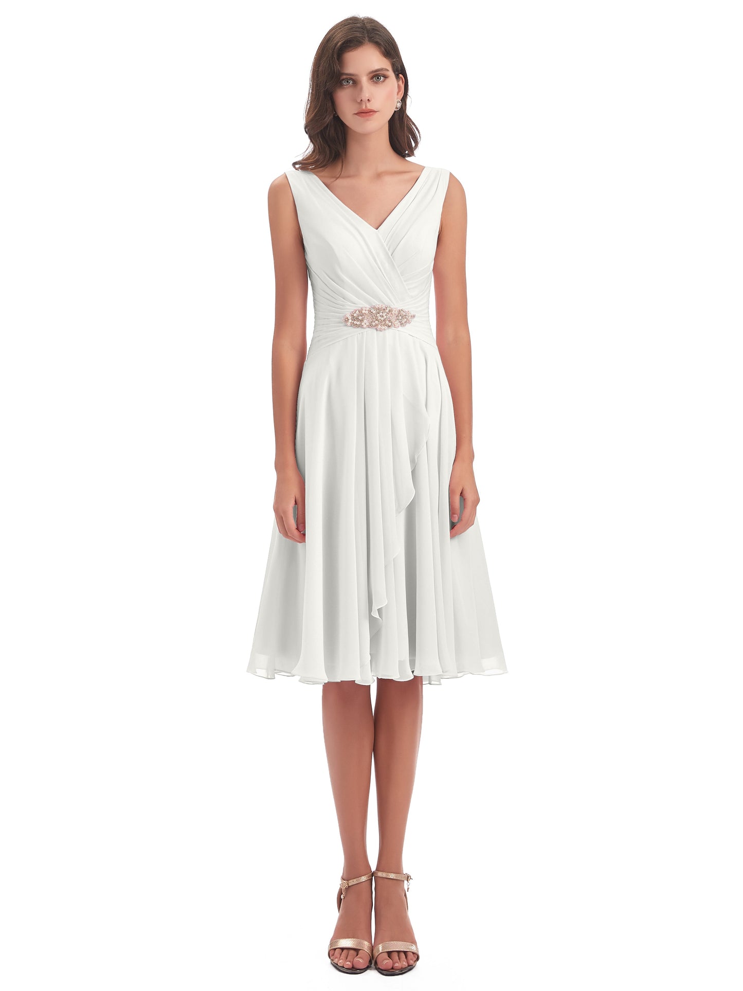 Caylee Knee Length V-neck Asymmetrical Chiffon Bridesmaid Dresses