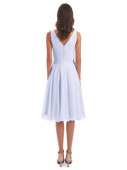 Caylee Knee Length V-neck Asymmetrical Chiffon Bridesmaid Dresses