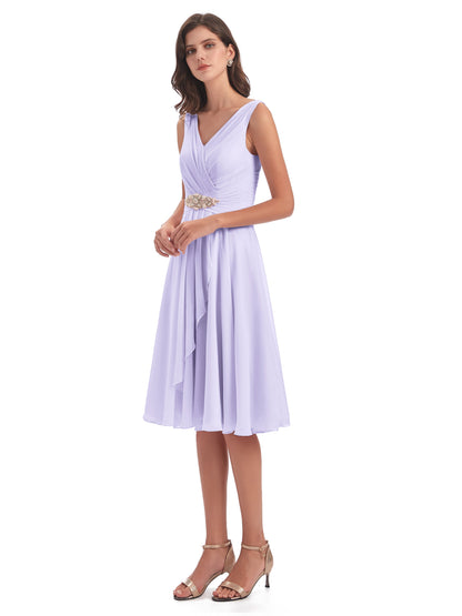 Caylee Knee Length V-neck Asymmetrical Chiffon Bridesmaid Dresses