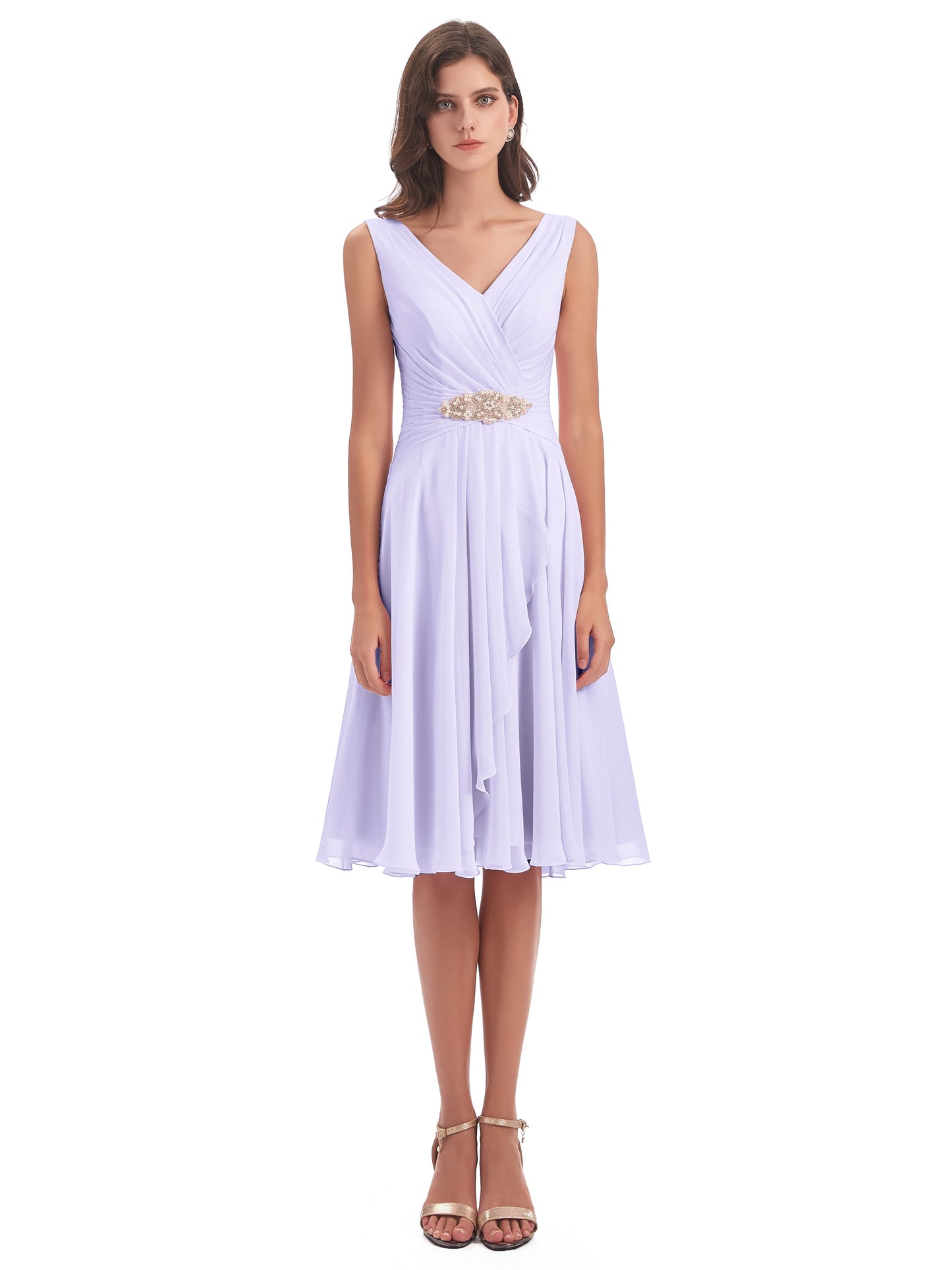 Caylee Knee Length V-neck Asymmetrical Chiffon Bridesmaid Dresses